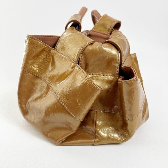 LOEWE Aire Bronze Gold Metallic Patent Leather Bag Medium Top Handle Crinkled - Picture 6 of 15